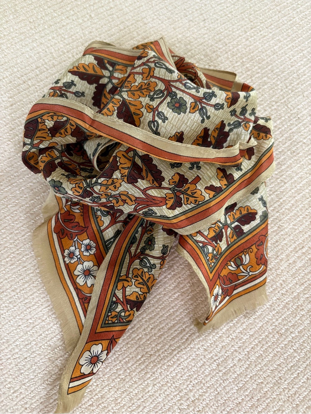 Oscar de la Renta Cream, Rust and Mustard Floral Silk Scarf